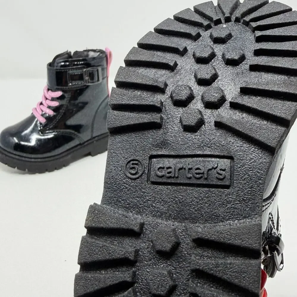 Carter’s Girls Black Patent Combat Boots Pink Laces 5M